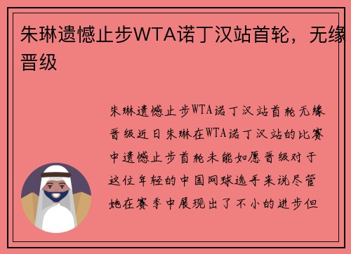 朱琳遗憾止步WTA诺丁汉站首轮，无缘晋级
