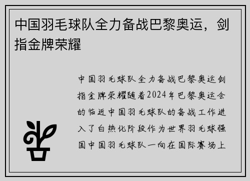 中国羽毛球队全力备战巴黎奥运，剑指金牌荣耀