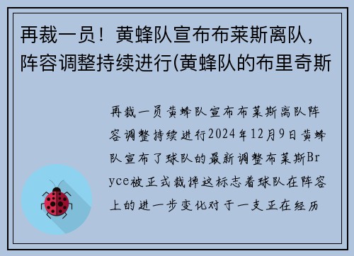 再裁一员！黄蜂队宣布布莱斯离队，阵容调整持续进行(黄蜂队的布里奇斯)