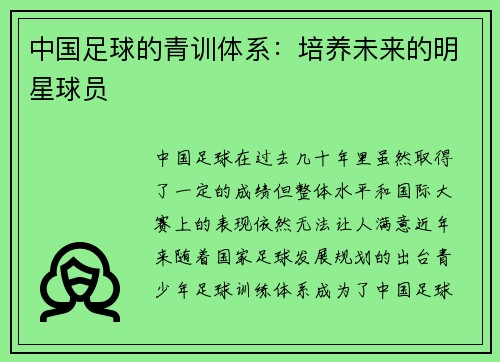 中国足球的青训体系：培养未来的明星球员