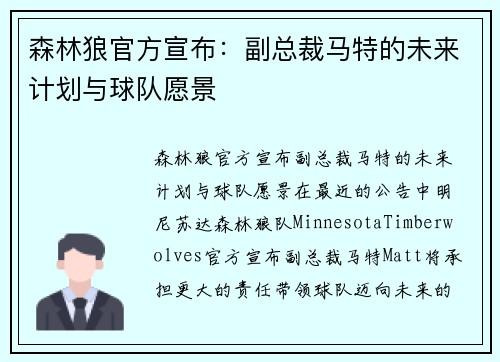 森林狼官方宣布：副总裁马特的未来计划与球队愿景