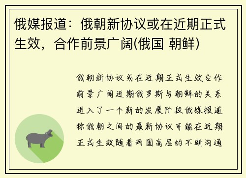 俄媒报道：俄朝新协议或在近期正式生效，合作前景广阔(俄国 朝鲜)