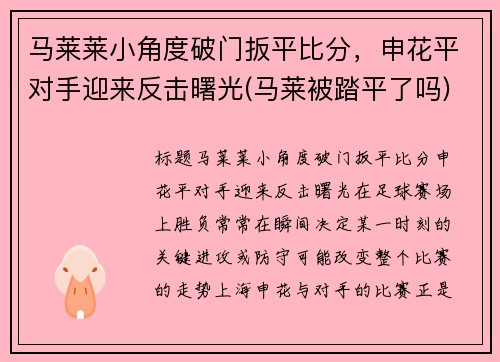 马莱莱小角度破门扳平比分，申花平对手迎来反击曙光(马莱被踏平了吗)
