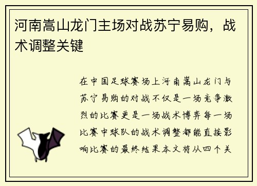 河南嵩山龙门主场对战苏宁易购，战术调整关键